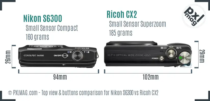 Nikon S6300 vs Ricoh CX2 top view buttons comparison