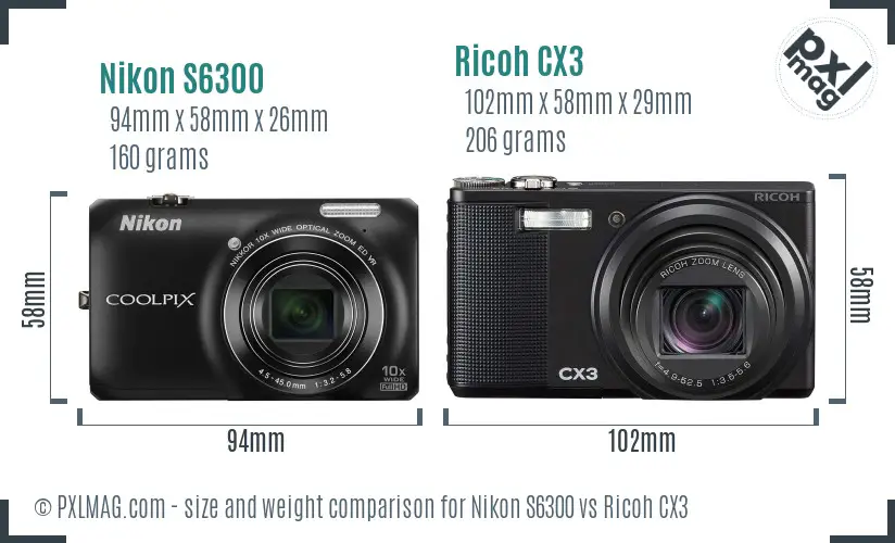 Nikon S6300 vs Ricoh CX3 size comparison
