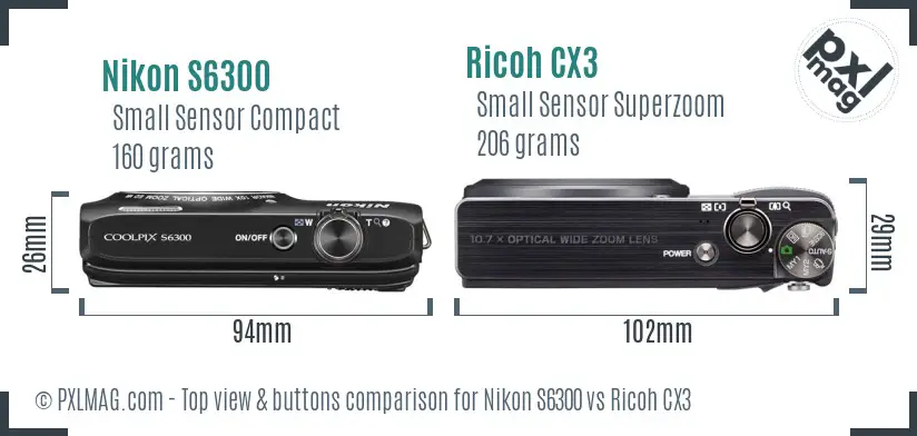 Nikon S6300 vs Ricoh CX3 top view buttons comparison