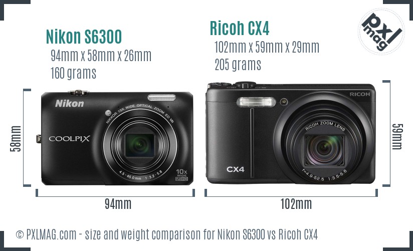 Nikon S6300 vs Ricoh CX4 size comparison