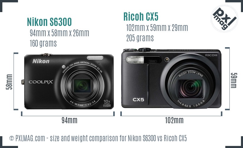 Nikon S6300 vs Ricoh CX5 size comparison