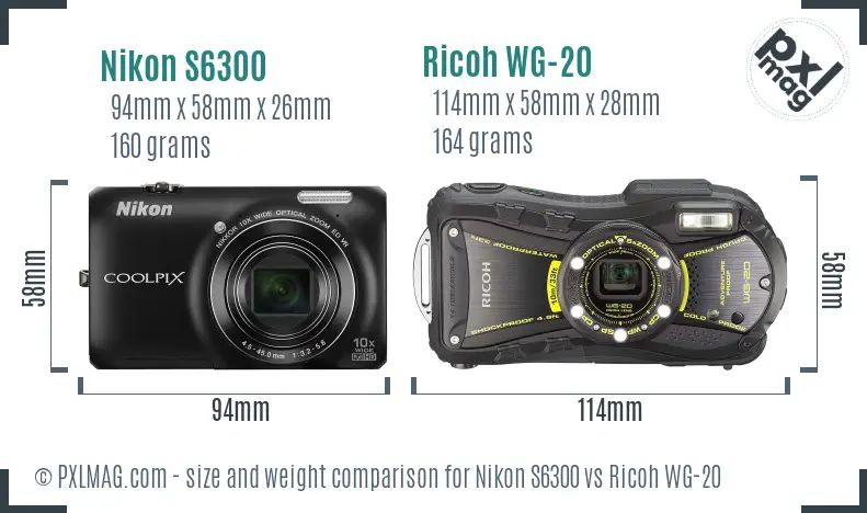Nikon S6300 vs Ricoh WG-20 size comparison