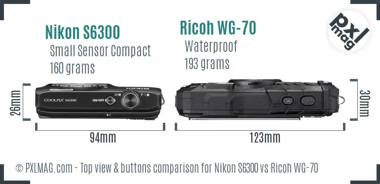 Nikon S6300 vs Ricoh WG-70 top view buttons comparison
