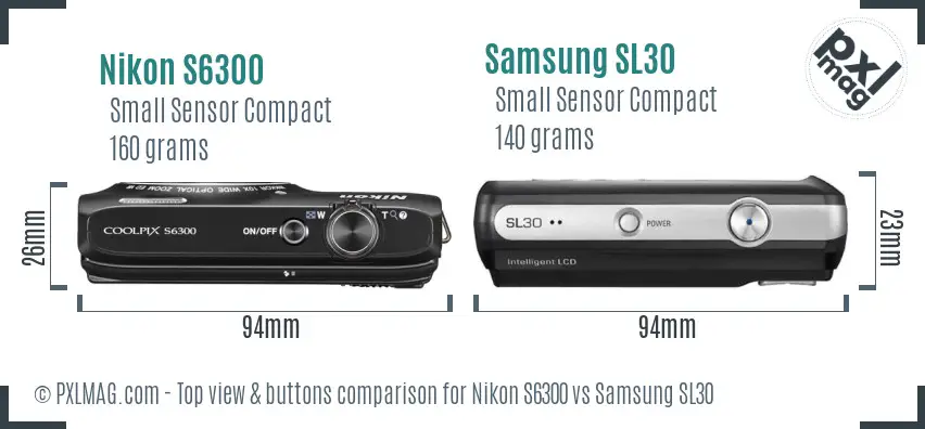 Nikon S6300 vs Samsung SL30 top view buttons comparison