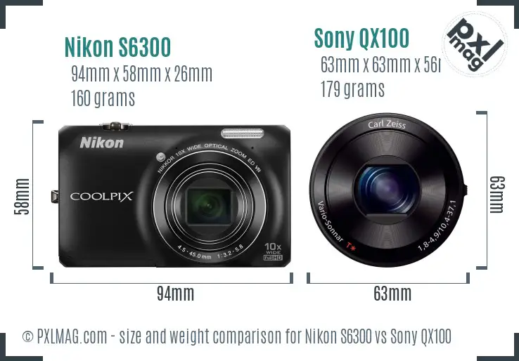 Nikon S6300 vs Sony QX100 size comparison
