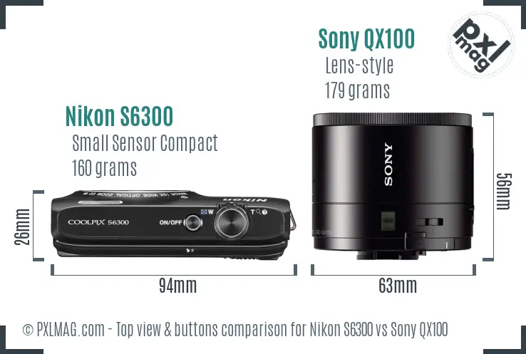 Nikon S6300 vs Sony QX100 top view buttons comparison