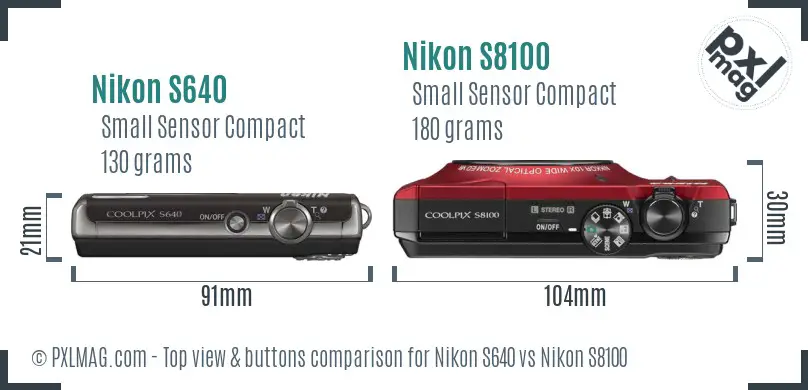 Nikon S640 vs Nikon S8100 top view buttons comparison