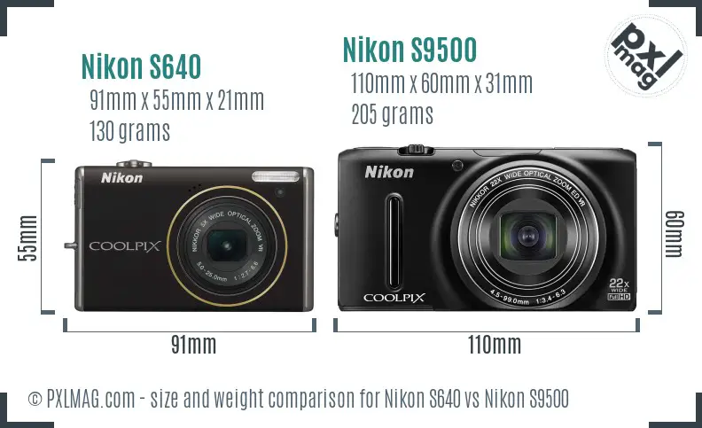 Nikon S640 vs Nikon S9500 size comparison
