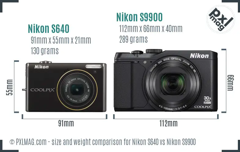 Nikon S640 vs Nikon S9900 size comparison