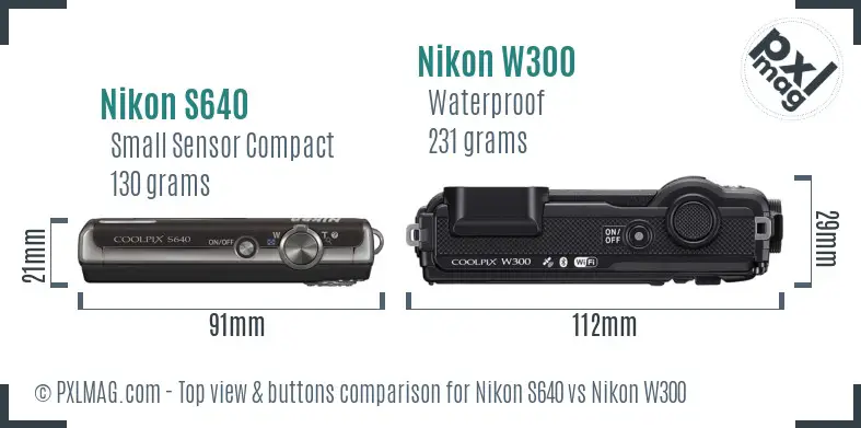 Nikon S640 vs Nikon W300 top view buttons comparison