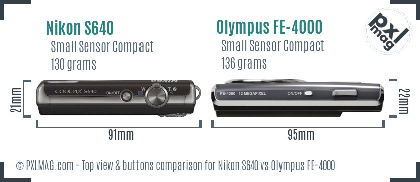 Nikon S640 vs Olympus FE-4000 top view buttons comparison