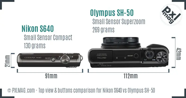 Nikon S640 vs Olympus SH-50 top view buttons comparison