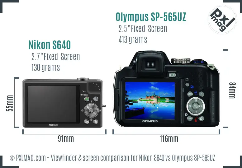 Nikon S640 vs Olympus SP-565UZ Screen and Viewfinder comparison