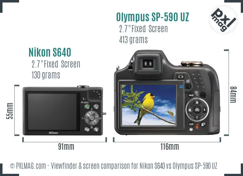 Nikon S640 vs Olympus SP-590 UZ Screen and Viewfinder comparison