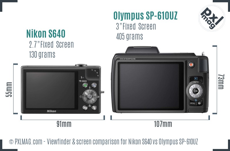 Nikon S640 vs Olympus SP-610UZ Screen and Viewfinder comparison