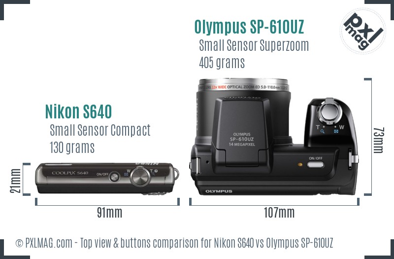 Nikon S640 vs Olympus SP-610UZ top view buttons comparison