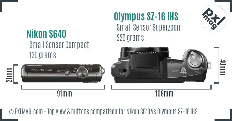 Nikon S640 vs Olympus SZ-16 iHS top view buttons comparison Nikon S640 vs Olympus SZ-16 iHS top view buttons comparison