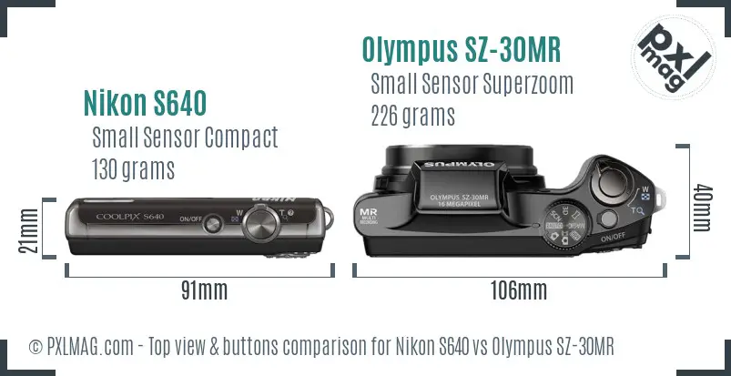 Nikon S640 vs Olympus SZ-30MR top view buttons comparison Nikon S640 vs Olympus SZ-30MR top view buttons comparison