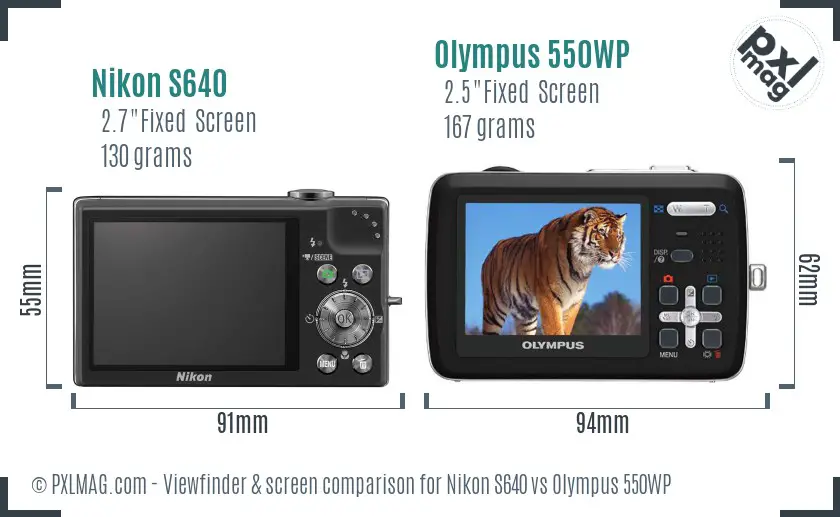 Nikon S640 vs Olympus 550WP Screen and Viewfinder comparison