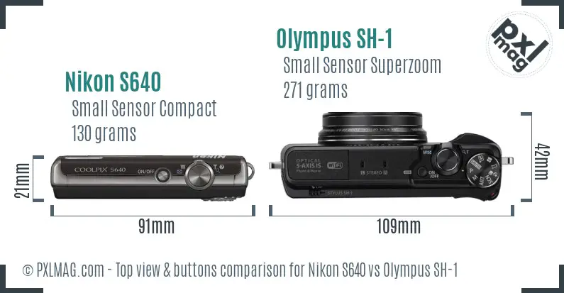 Nikon S640 vs Olympus SH-1 top view buttons comparison