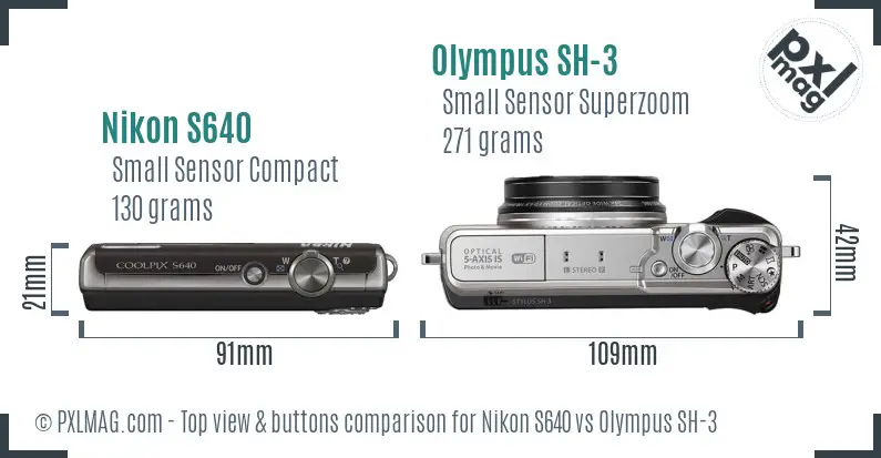 Nikon S640 vs Olympus SH-3 top view buttons comparison Nikon S640 vs Olympus SH-3 top view buttons comparison