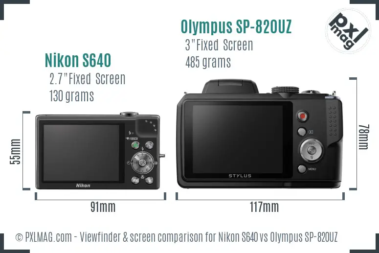 Nikon S640 vs Olympus SP-820UZ Screen and Viewfinder comparison