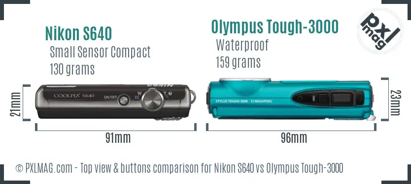 Nikon S640 vs Olympus Tough-3000 top view buttons comparison Nikon S640 vs Olympus Tough-3000 top view buttons comparison