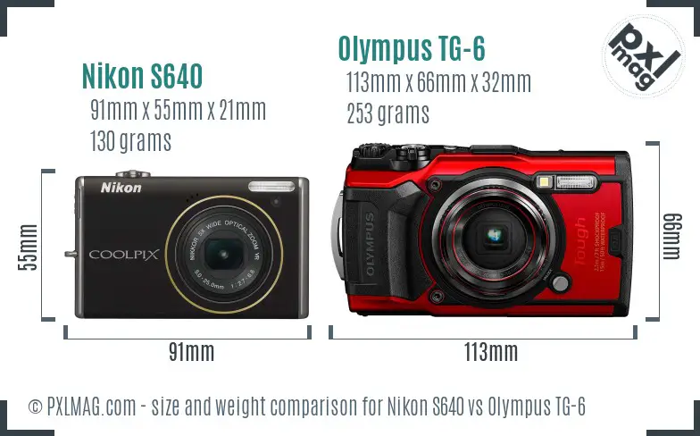 Nikon S640 vs Olympus TG-6 size comparison