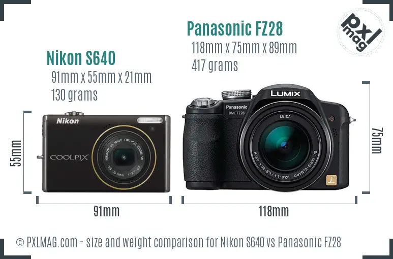 Nikon S640 vs Panasonic FZ28 size comparison