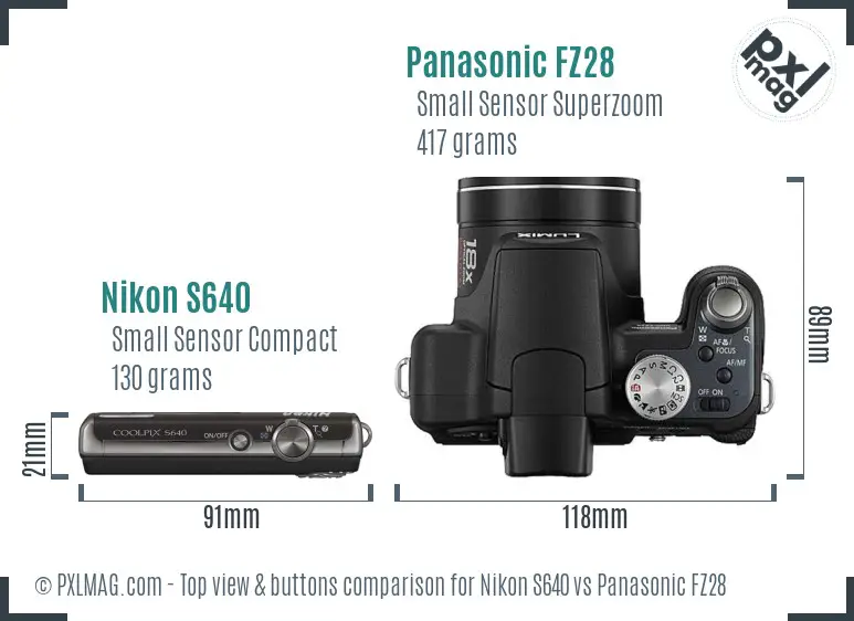 Nikon S640 vs Panasonic FZ28 top view buttons comparison