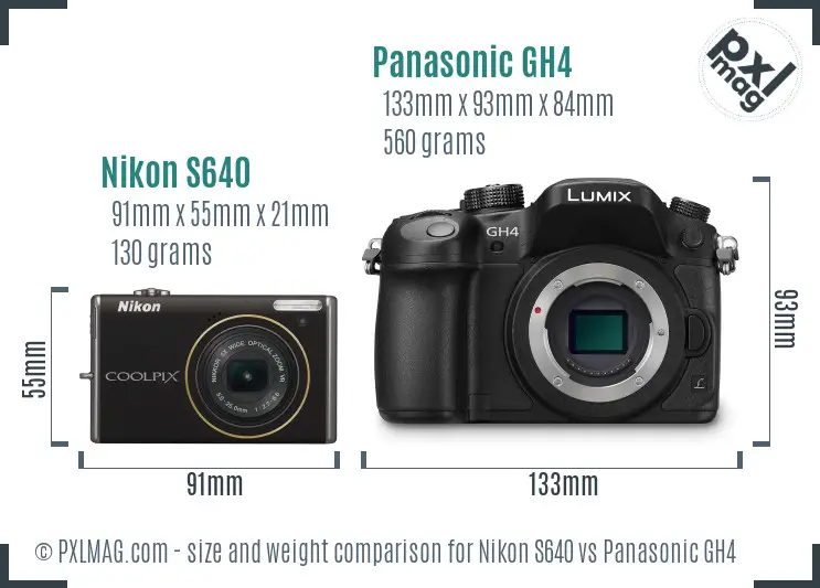 Nikon S640 vs Panasonic GH4 size comparison
