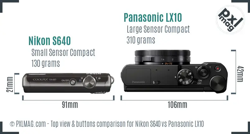 Nikon S640 vs Panasonic LX10 top view buttons comparison