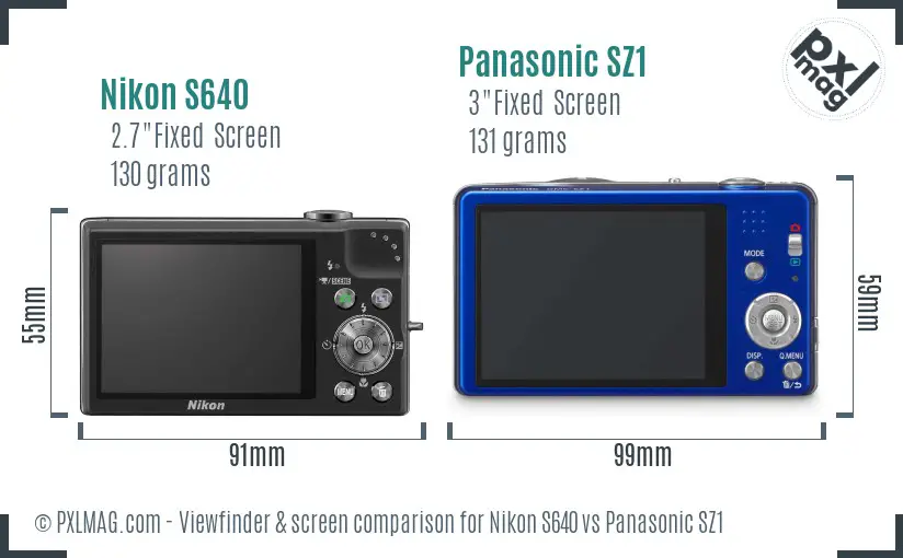 Nikon S640 vs Panasonic SZ1 Screen and Viewfinder comparison