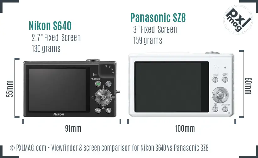 Nikon S640 vs Panasonic SZ8 Screen and Viewfinder comparison