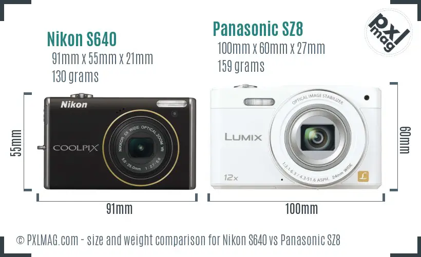 Nikon S640 vs Panasonic SZ8 size comparison