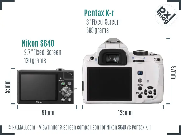 Nikon S640 vs Pentax K-r Screen and Viewfinder comparison