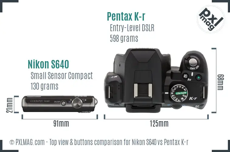 Nikon S640 vs Pentax K-r top view buttons comparison