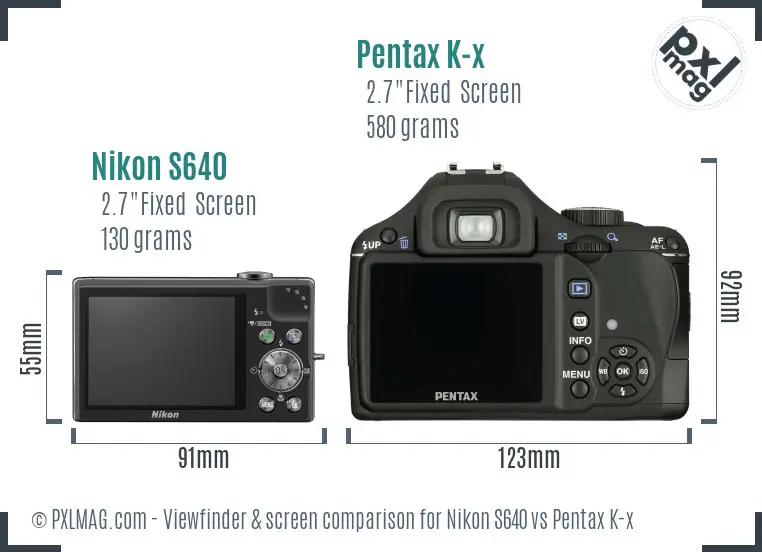 Nikon S640 vs Pentax K-x Screen and Viewfinder comparison