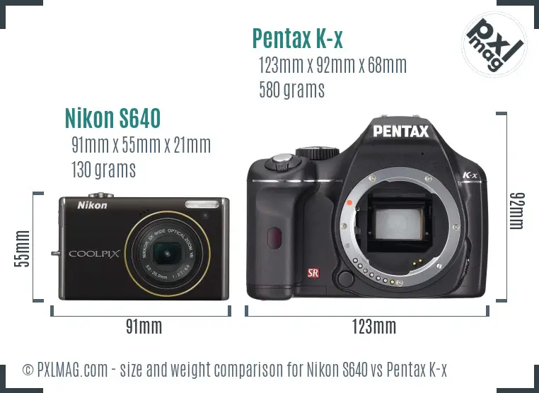 Nikon S640 vs Pentax K-x size comparison