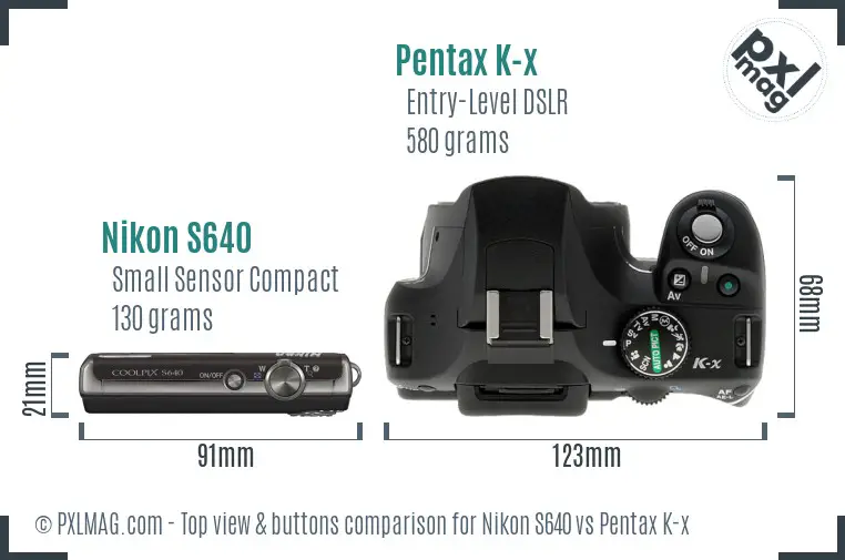 Nikon S640 vs Pentax K-x top view buttons comparison