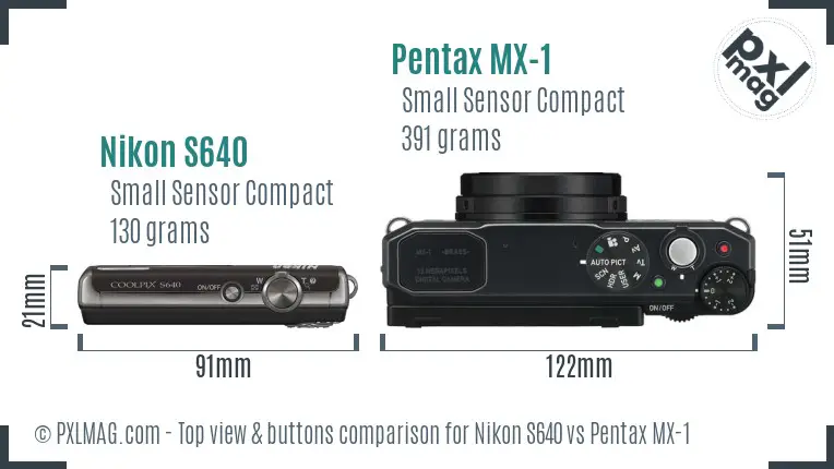 Nikon S640 vs Pentax MX-1 top view buttons comparison