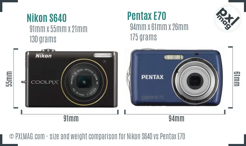 Nikon S640 vs Pentax E70 size comparison