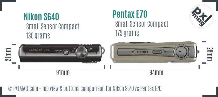 Nikon S640 vs Pentax E70 top view buttons comparison