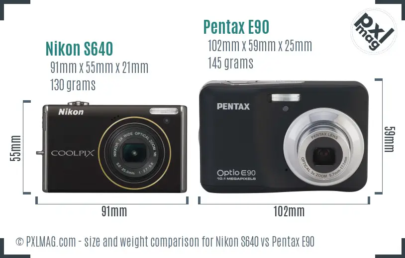 Nikon S640 vs Pentax E90 size comparison