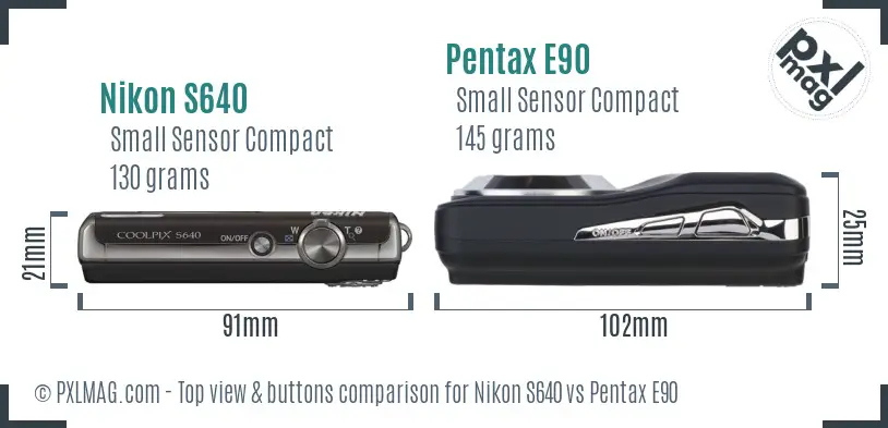Nikon S640 vs Pentax E90 top view buttons comparison
