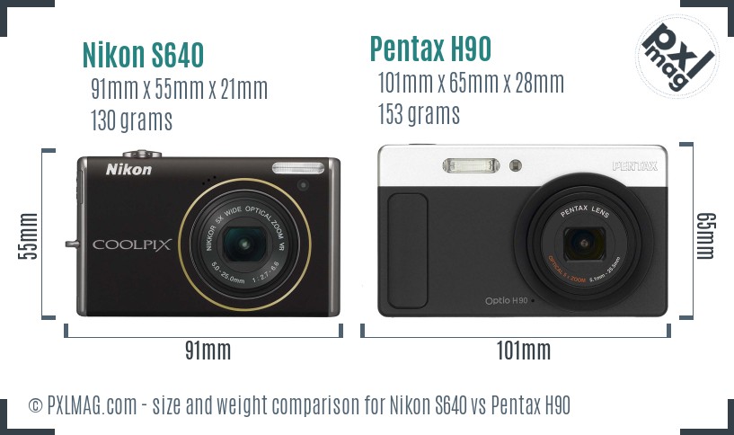 Nikon S640 vs Pentax H90 size comparison