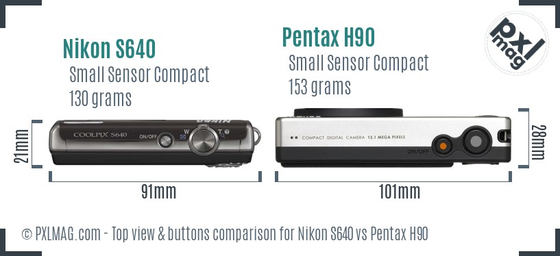Nikon S640 vs Pentax H90 top view buttons comparison