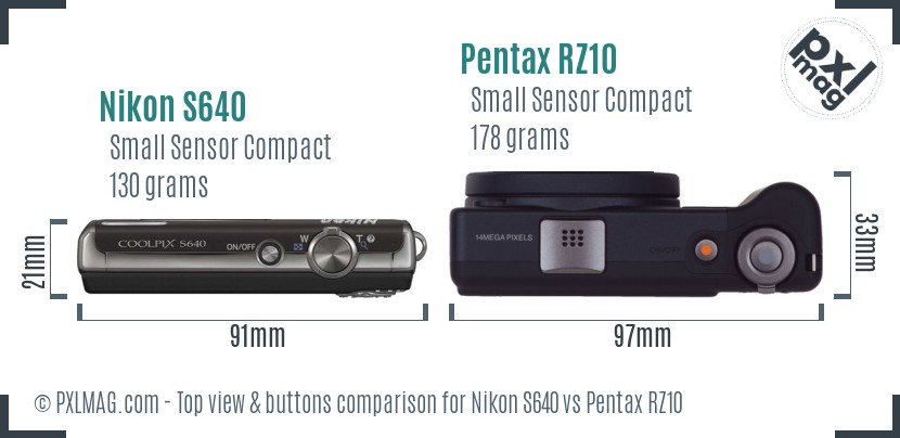 Nikon S640 vs Pentax RZ10 top view buttons comparison
