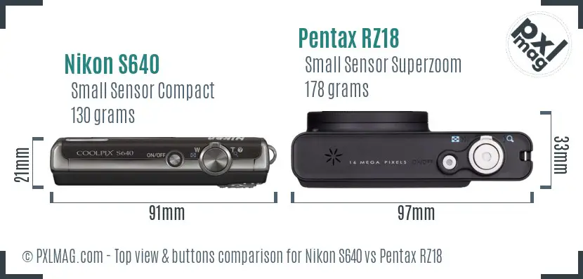 Nikon S640 vs Pentax RZ18 top view buttons comparison