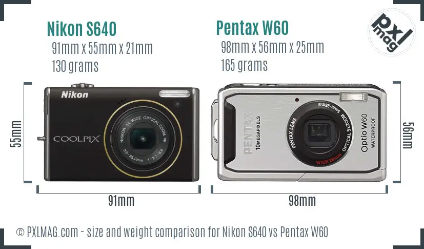 Nikon S640 vs Pentax W60 size comparison